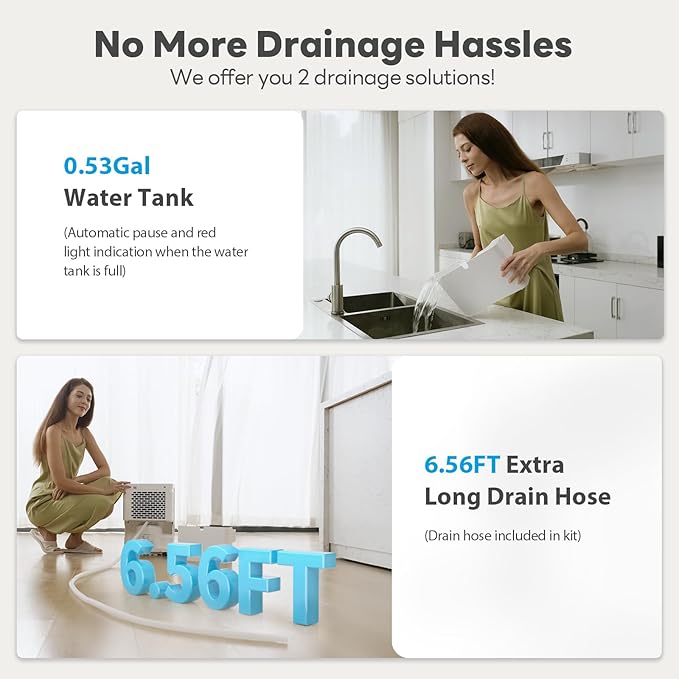 FreAire 2500Sq.Ft Dehumidifier, 34Pint Dehumidifiers for Home, Quiet Dehumidifier for Basement, Bedroom, Bathroom, with 6.56FT Drain Hose, 0.53Gal Water Tank, 3-Color Humidity Light