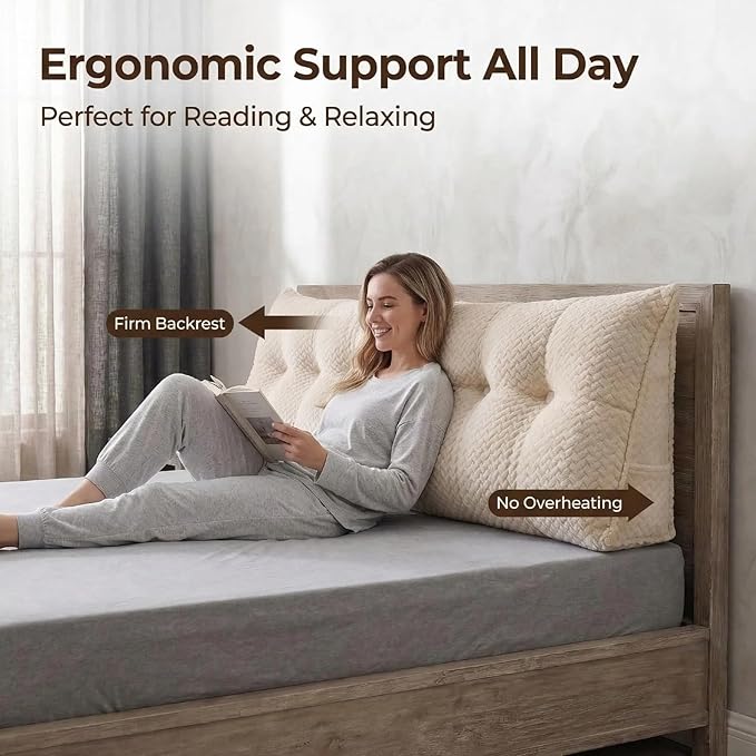 Headboard Pillow Twin Size, Reading Pillow for Bed, Wave Pattern Wedge Pillow, Tufted Backrest Support, Headboard Substitute, Beige