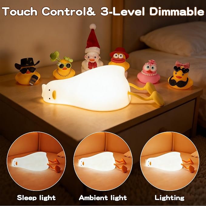 FAMIDUO Squishy Lying Flat Duck Night Light, App & Touch Control Color Changing Silicone Duck Lamp with Blind Box, Rechargeable Cute Nursery Night Light,Dimmable Bedside Light with Timer for Baby Kids
