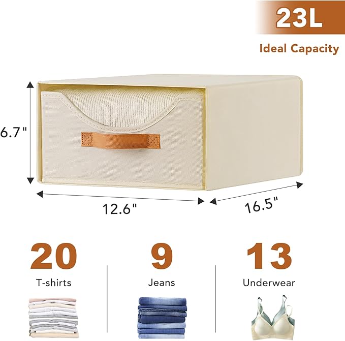 4 Pcs 16.5" Closet Drawers and Large Size Clothes Storage Bins Push-Out Storage Stackable Shelf Drawers with See-Through Window Closet Organizers for Bedroom, Living Room, Under Bed, Beige