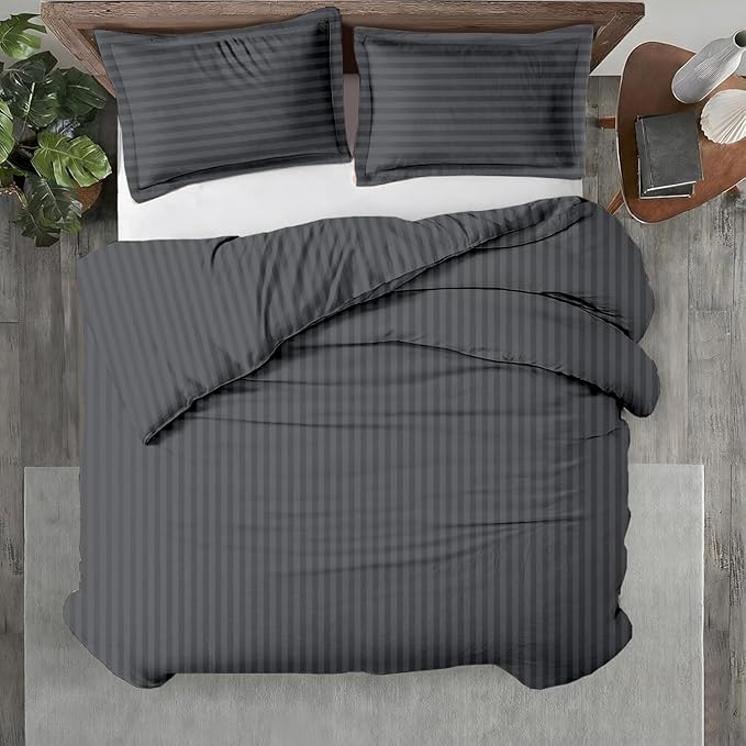 Kotton Culture 3 Pc California King Size Duvet Cover Set -100% Egyptian Cotton 600 TC Ultra Soft Premium Durable Comforter Cover Zipper Closure & Corner Ties (Striped Dark Grey,104"x98")
