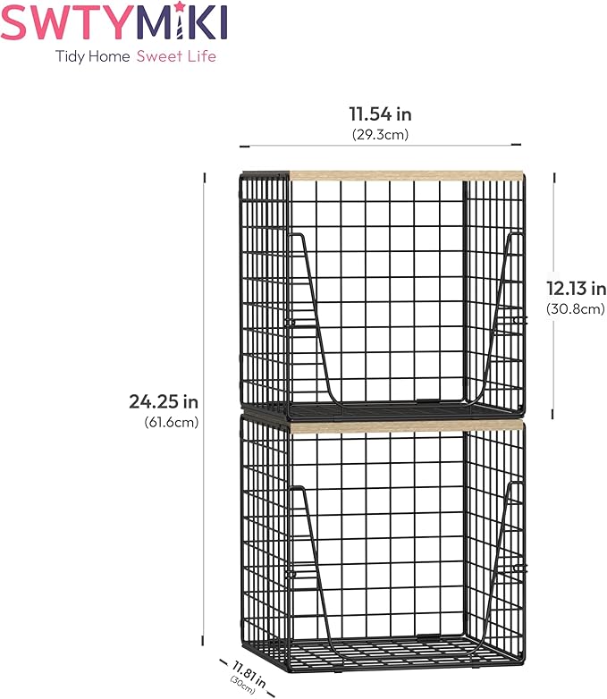 SWTYMIKI 2PCS Closet Organizers and Storage - Stackable Closet Basket with Wood Top Shelf, Clothes Storage Shelves, Clothes Drawer Bins for Wardrobe, Bedroom, Entryway, Black