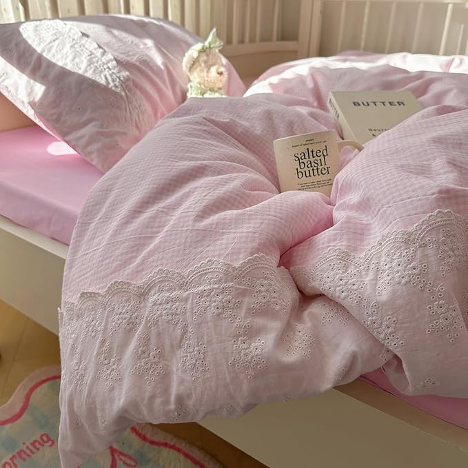 mixinni Pink Gingham Duvet Cover King Size - 3 Piece Cottagecore Plaid Bedding Set with Lace Trim, Soft Washed Microfiber Vintage Aesthetic Grid Comforter Cover & Pillow Shams, (Pink White Gingham)
