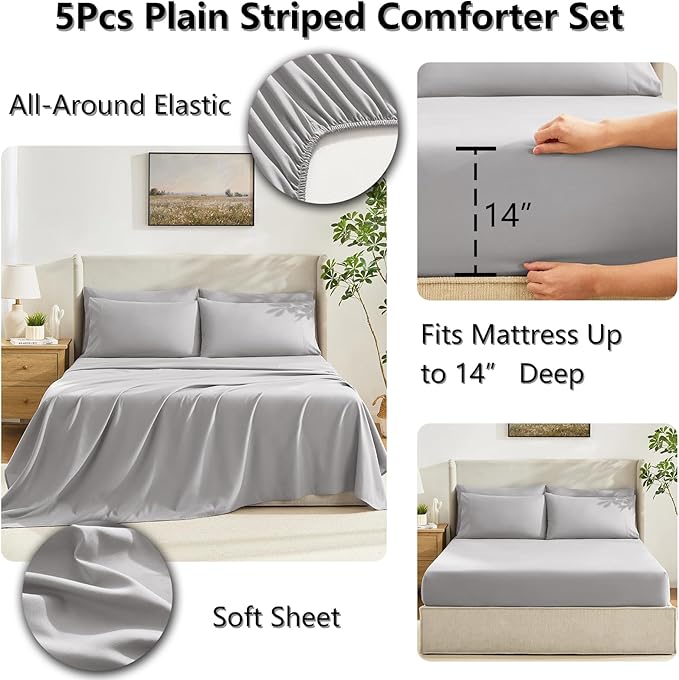 CozyLux Twin Comforter Set with Sheets French Grey, 5 Pieces Bed in a Bag, Gray Comforter Twin Size, All Season Bedding Set with Stitch Quilted Comforter, Flat Sheet, Fitted Sheet, Pillowcases