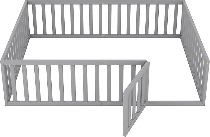 Bellemave Queen Size Montessori Floor Bed with 21.7" High Rails, Pine,Plywood Floor Bed with Small Door, Gray