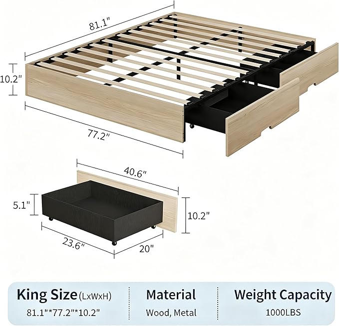 IDEALHOUSE King Bed Frame with 2 Storage Drawers, Wooden Bed Frame Without Headboard, Minimalist Floor Platform Bed, Wood Slat Support, Noise Free, No Box Spring Needed, Easy Assembly
