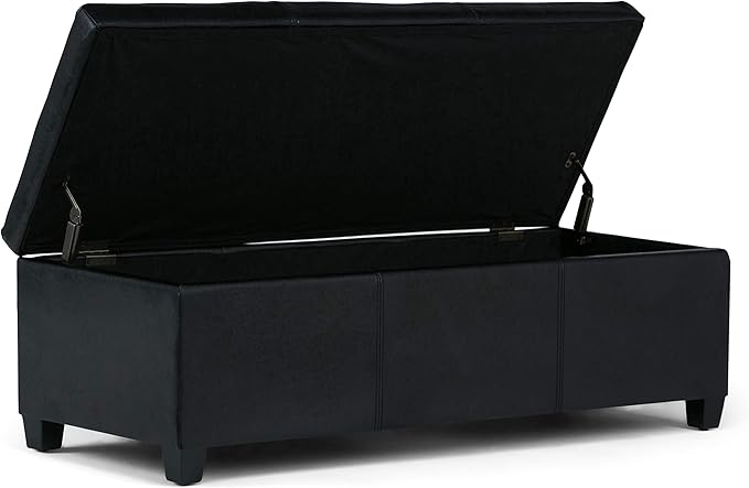 SIMPLIHOME Avalon Storage Ottoman Bench - 48" Wide x 16" High Upholstered Vegan Leather Rectangular Lift-Top Ottoman in Midnight Black, Contemporary Bench for Living Room with High-Density Foam