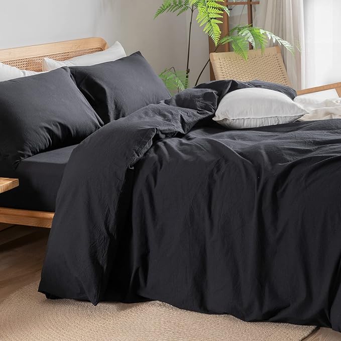 BESTOUCH Duvet Cover Set 100% Washed Cotton Linen Feel Super Soft Comfortable Chic Lightweight 3 PCs Home Bedding Set Solid Deep Black King