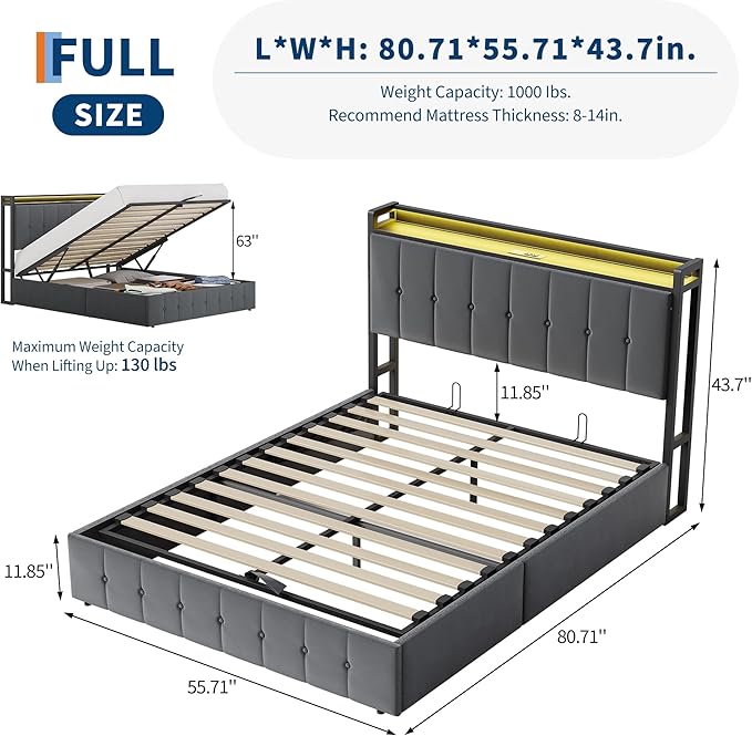 Garvee Full Size Lift Up Storage Bed with LED Lights, Upholstered Velvet Bed Frame with Storage Headboard & Charging Station, Metal Platform Bed, No Box Spring Needed, Solid Wooden Slats, Grey