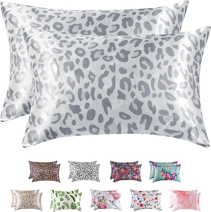 MR&HM Satin Pillowcase for Hair and Skin, Silk Satin Pillowcase 2 Pack, Queen Size Pillow Cases Set of 2, Silky Pillow Cover with Envelope Closure (20x30, Silver Leopard)