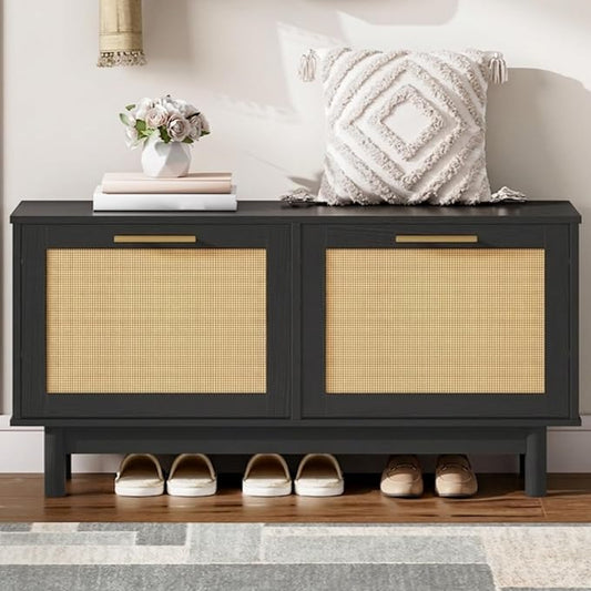 HOOBRO Rattan Shoe Storage Bench with Double Flip Drawers, Narrow Shoe Storage Organizer for Entryway, 11.8" D x 39.4" W x 20.9" H, Hidden Space Saving Wooden Shoe Cabinet for Hallway, Black BN51HX01