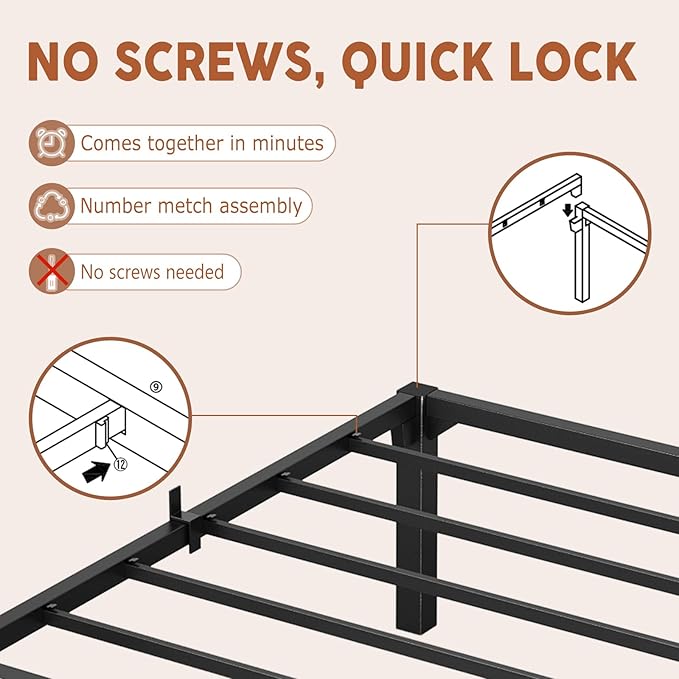 14 Inch Twin Metal Bed Frame, Heavy Duty Metal Platform Bed Frame with Reinforced Slats Support, 800 Lbs Load Capacity, Noise Free, No Box Spring Needed and Screws , Tool-Free Assembly Bed Frame