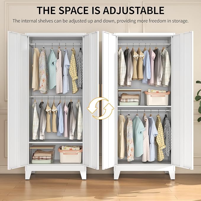 72" Tall Metal Armoire Wardrobe Closet - Large Clothing Storage Cabinet with Mirror Doors, 2 Hanging Rod & Adjustable Shelve - Closet Organizer for Bedroom, Office, Laundry Room, Garage - White