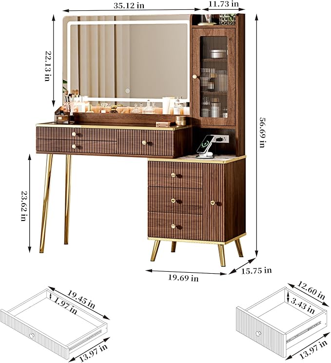 Arulvmrn Vanity Desk with 35.12" HD Lighted Mirror, 46.85" Big Modern Vanity Desk with Mirror and Lights, Makeup Vanity with 7 Drawers and Storage Shelves and Charging Station, Walnut
