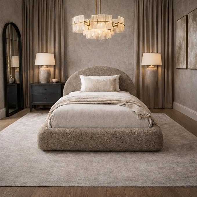 Round Bed – Washable Zip Cover - Upholstered Linen Soft Foam - Modular Minimalist Modern - Half Circle Moon - Sold Sold Separately (Taupe Boucle, Twin Base)
