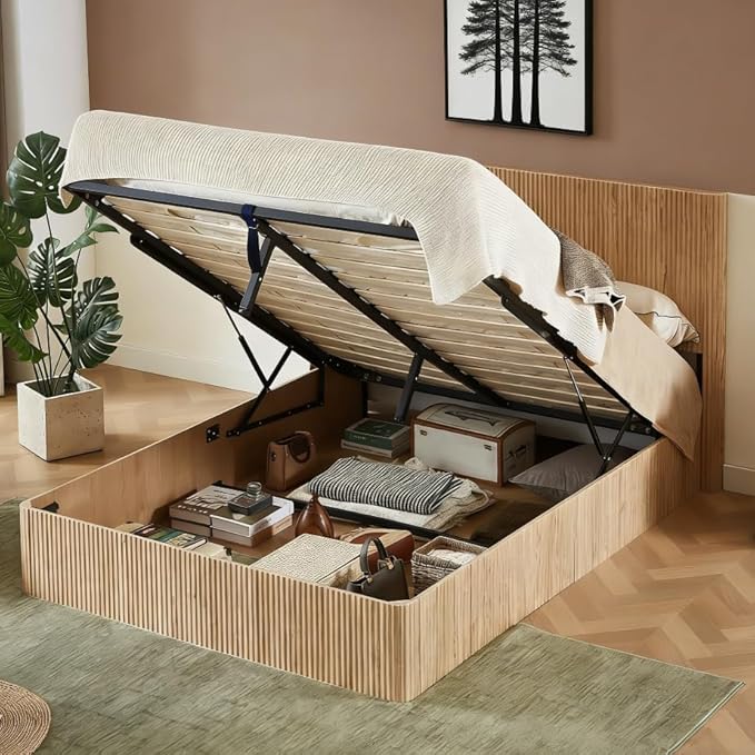 Bellemave Queen Lift Up Storage Bed, Oak Wood Lift Up Bedframe,Wooden Corrugated Curved Lines, Hydraulic Storage,Oak
