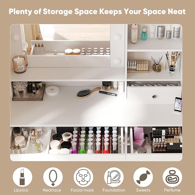 DUMOS Vanity Desk Makeup with Mirror LED Lights, Table with Power Outlet 2 Drawer, 4 Storage Shelves Cabinet & 3 Lighting Mode Adjustable Brightness, Dressing Tables for Bedroom, White