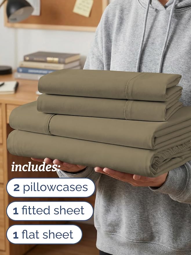 Twin XL 4 Piece Sheet Set - Comfy, Breathable & Cooling - Hotel Luxury Bedding for Women, Men, Kids, Teens and Children - 1 Flat & 1 Fitted Sheet & 2 Pillowcases w/ Deep Pockets - Wrinkle Free - Khaki