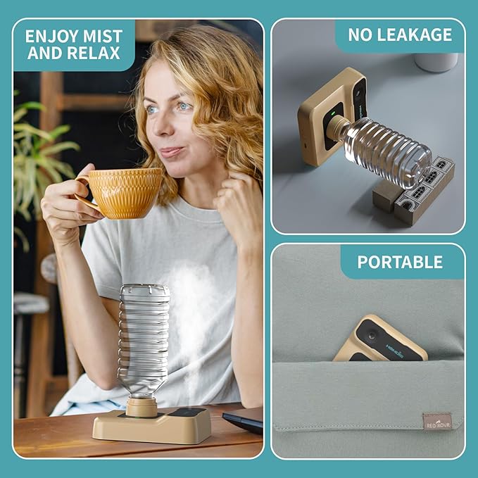 Travel Humidifier, Portable Small Humidifier for Plants, Bedroom, Office, Hotel or Car, 5000mAh Battery Operated Mini Cool Mist Humidifiers, Quiet 23dB, Auto-off, Night Light & BPA-Free, Khaki