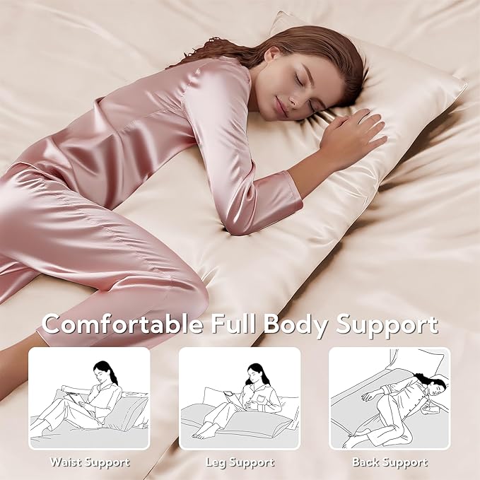 MR&HM Satin Body Pillow Cover, Soft and Breathable Body Pillow Case with Envelope Closure, Cooling and Silky Long Pillowcase for Hair and Skin,Grey (20x54, Beige)