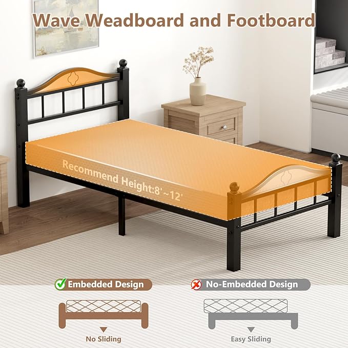Metal Twin Bed Frames, 1500lb No Squeak Metal Platform with Headboard, 12" Underbed Storage, Tool-Free 30-Min Assembly No Box Spring Needed for Dorms/Apartments