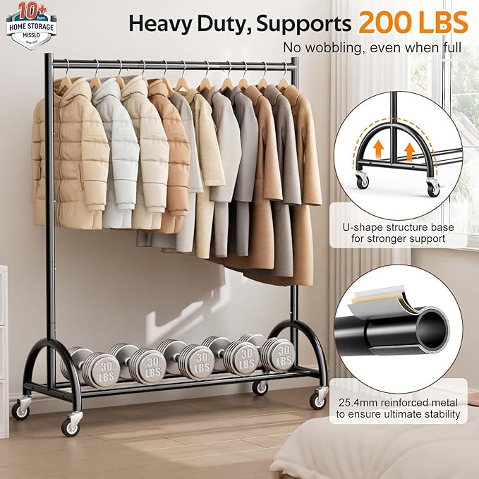 MISSLO Heavy Duty Clothing Rack with Wheels Rolling Clothes Racks for Hanging Clothes, Coats, Garment, Dress, Black