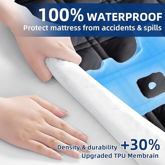 MEELUS Waterproof Full Mattress Protector, Breathable Full Mattress Pad Cover Fitted Deep Pocket 8"-21", Soft Noiseless Mattress Cover Washable Padded for Home Bedroom, Black