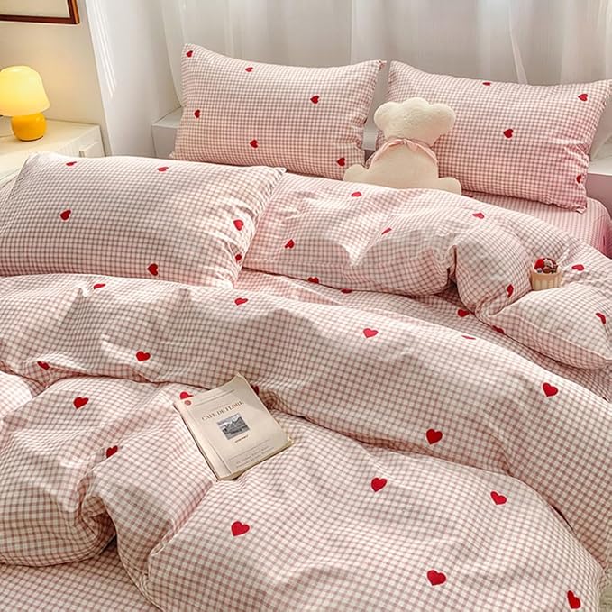 Nayoroom Gingham Duvet Cover Twin Size Pink Plaid Red Heart Printed on White Bedding Set 2 Pcs Kids Girls Cute Heart-Shaped Comforter Cover with Zipper Closure Soft Breathable Microfiber