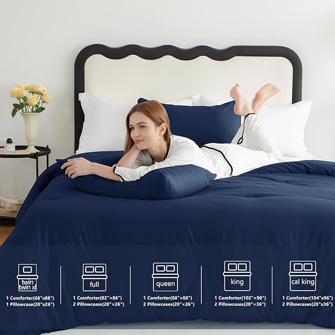 CozyLux Navy Blue Full Size Comforter Set, 3 Pieces Solid Breathable Quilted Style Bedding Sets, Luxury Fluffy Soft Bed Set with Down Alternative Comforter for All Season (1 Comforter & 2 Pillowcases)