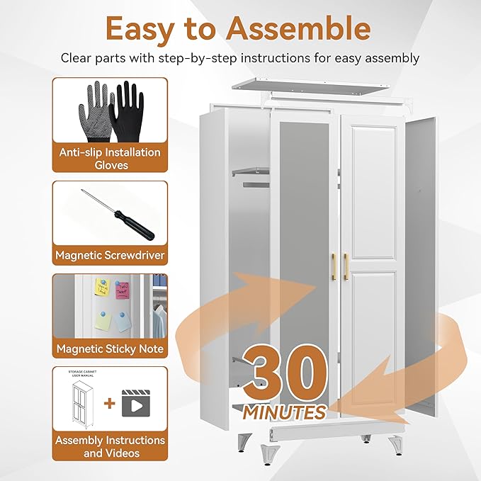 Polup Metal Armoire Wardrobe Closet with Mirror, 71" Tall Steel Clothing Storage Cabinet with 2 Doors, Hanging Rod and Adjustable Shelves, Freestanding Clothes Organizer for Bedroom, Office, White