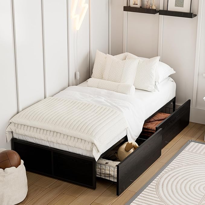 GAZHOME Twin Bed Frame with 2 XL Storage Drawers, Metal Platform Bed Frame with Footboard, 9 Strong Metal Slat Support/No Box Spring Needed/Easy Assembly/Space Saving,Black