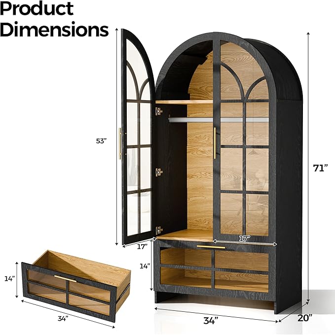 Armoire Wardrobe Closet with Drawer, 71”Tall Arched Wardrobe Cabinet with Hanging Rod&Glass Door – Wooden Freestanding Clothing Storage Cabinet Closet Organizer for Bedroom, Entryway or Dorm
