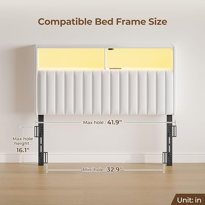 Rolanstar Headboard for Twin Size Bed with Storage, 60,000 DIY Color of LED Light, Head Board with USB & Type C Port, Height Adjustable, Velvet Upholstered, Comfortable Modern, Light White