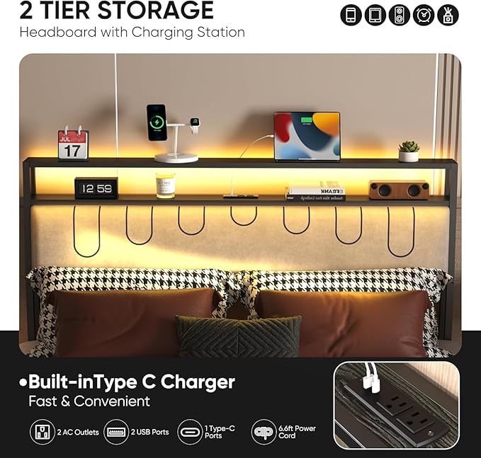 J.Fkne Full Bed Frames with Charging Station and LED Lights, Full Size Platform Bed with Metal Slats, Upholstered Headboard with 2-Tier Storage Shelves, No Box Spring Needed, Easy Assembly, Black