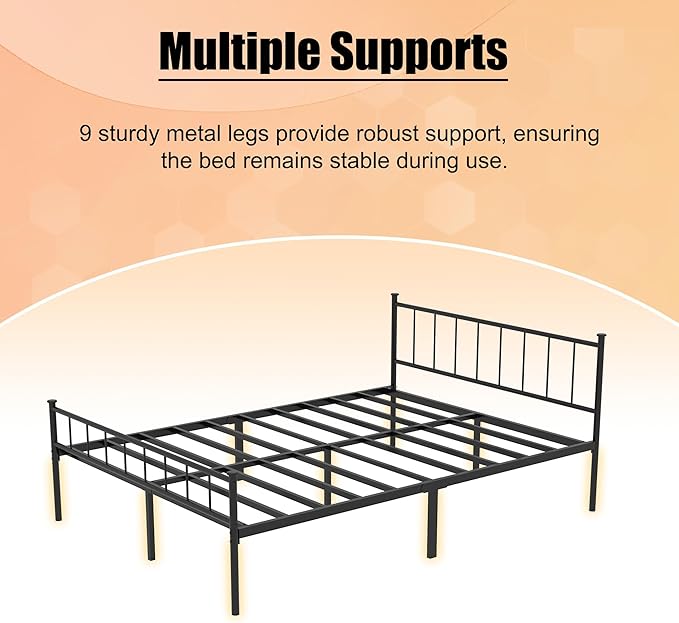 Queen Metal Platform Bed Frame, Victorian Vintage Style, Wrought Iron Headboard, Steel Slats, No Box Spring Needed (Black, Queen)