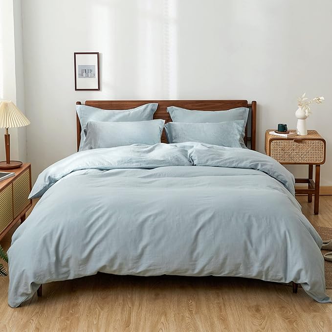Simple&Opulence 100% Washed Linen Duvet Cover Set 5pcs(1 Duvet Cover& 2 Shams& 2 Pillowcases) Basic Style Natural French Flax Soft Breathable Farmhouse Bedding (Queen, Dusty Blue)