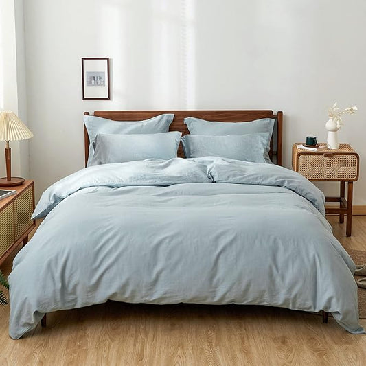 Simple&Opulence 100% Washed Linen Duvet Cover Set 5pcs(1 Duvet Cover& 2 Shams& 2 Pillowcases) Basic Style Natural French Flax Soft Breathable Farmhouse Bedding (King, Dusty Blue)