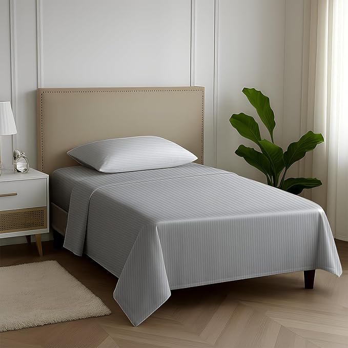Carressa Linen Luxury Egyptian Cotton Twin Stripe Sheet Set - 600 Series Hydrangeas Collection Extra Long Staple 3 PC Set, Silver Twin Damask Sheets, Sateen Weave Sheets Upto 18 in Deep Pocket