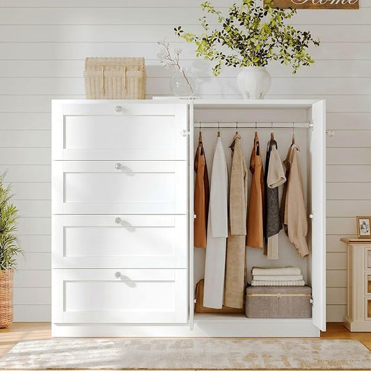 VOWNER Armoire Wardrobe Closet with 4 Drawers and 2 Doors, 43''H Clothing Storage Cabinet Dresser with Hanging Rod, Cothes Wardrobe for Bedroom, Baby Closet, White