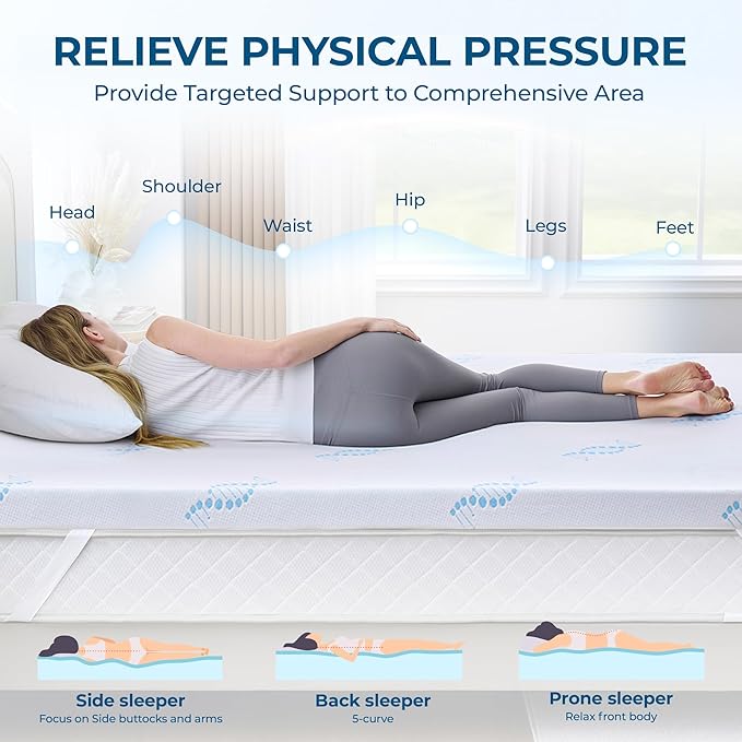 BDEUS 2 Inch Queen Memory Foam Mattress Topper with Collagen-Rich Cover, Soft Mattress Pad for Skin-Hydrating & Back Pain Relief, CertiPUR-US Certified