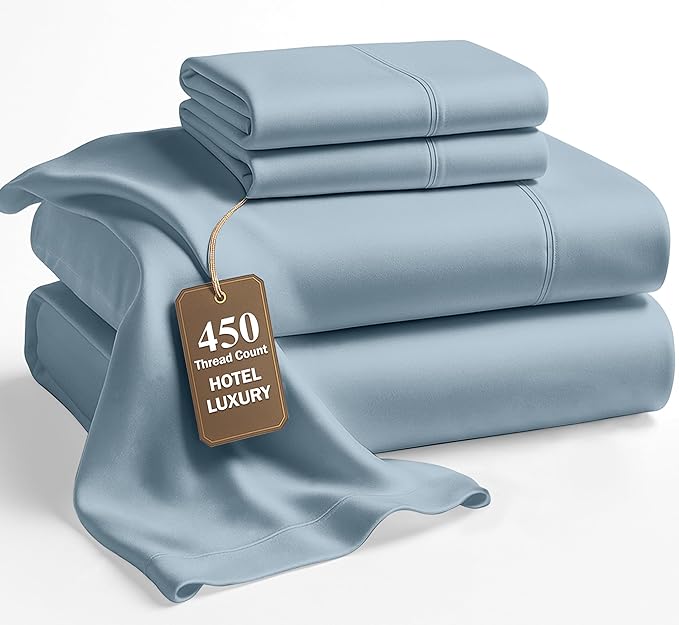 LANE LINEN 100% Cotton Bed Sheets – 450 Thread Count Cooling Sheets Queen, Durable Daily Use Bedding, Value Comfort for Night Rest, Hotel Sateen Finish, Snug Fit 15" Deep Pocket – French Blue