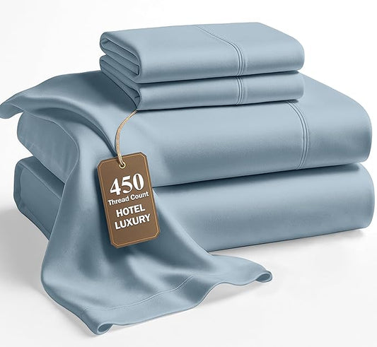 LANE LINEN 100% Cotton Cal King Bed Sheets - 450 Thread Count Sateen Weave for Silky Feel On Skin - Extra Soft & Thick Sheets for Deep Sleep At Night - Oeko Tex Certified - French Blue