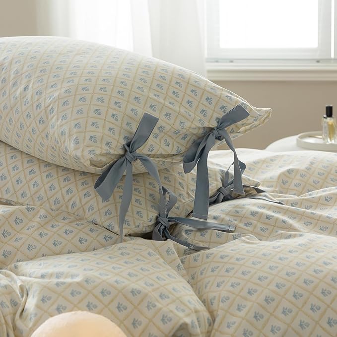 mixinni Blue Floral Duvet Cover Twin Size- 3 Piece Cottagecore Bedding Set with Bow Ties & Zipper Closure, 100% Cotton Soft Aesthetic Comforter Cover for Girls, Lightweight Breathable Country Style