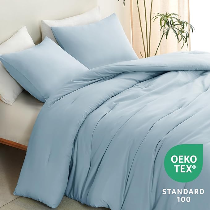 CozyLux Queen Comforter Set Light Blue, 3 Pieces Solid Comforters Queen Size Breathable Bedding Sets, Luxury Soft Lightweight Bed Set with Down Alternative Comforter and 2 Pillowcases for All Seasons
