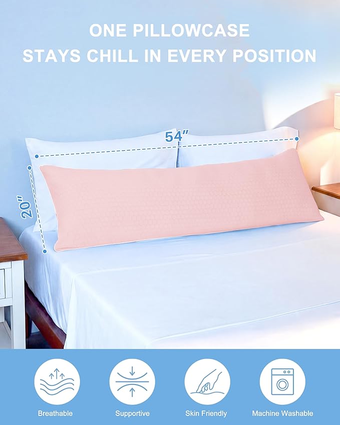 YZ HOME Cooling Body Pillow for Adults, Cold Touch Fabric, Blue Shredded Memory Foam, Support for Side Back Stomach Sleepers, Removable Washable Cover(Pink,20x54 inch)