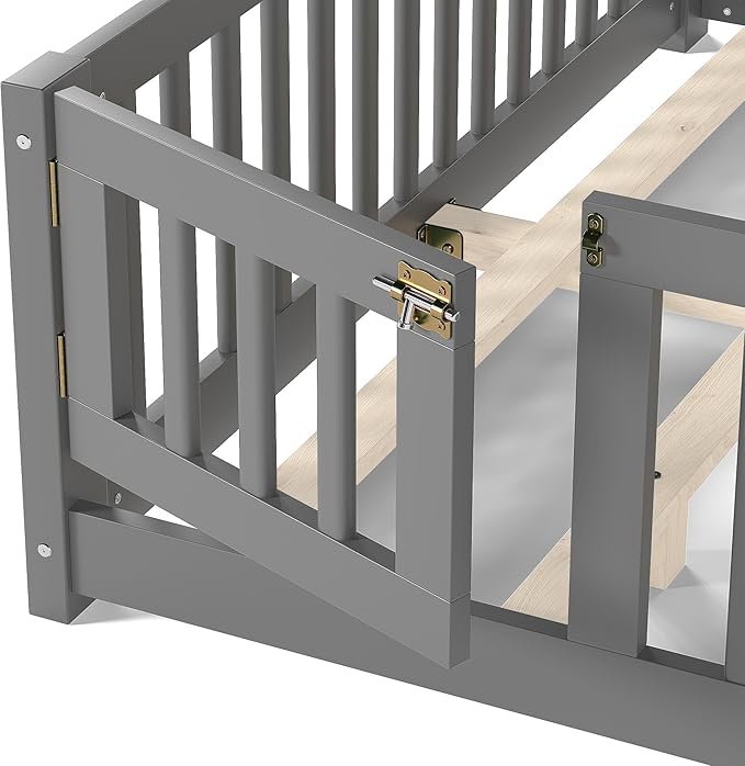Bellemave Queen Floor Bed with Slats and Door, Queen Size Montessori Floor Bed with Fence and Door, Easy Assemble Montessori Beds Frame for Girls, Boys, Gray