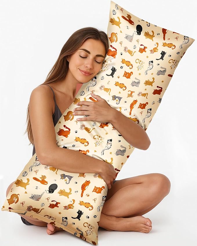 Miss Adola Silk Body Pillow Cover with Zipper - 20x54 Inch Silk Long Pillow Case for Women Ladies Adults Soft Bed Decorative Cute Boho Large Body Pillowcase Sham for Hair and Skin, Cat Variety