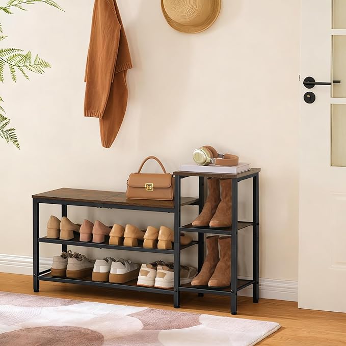 YATINEY 3-Tier Shoe Rack Bench, Wooden Shoe Storage Bench, Industrial Entryway Bench with Storage, Multi-Functional Shoe Rack with Seat for Bedroom, Hallway, Living Room, Rustic Brown and Black HX05BR
