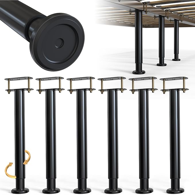 6Pcs Bed Frame Support Leg, Adjustable 14" to 23.6", Increase Under-Bed Storage Space, Extra Sturdy Steel Bed Risers with Wider Rubber Base, More Stable