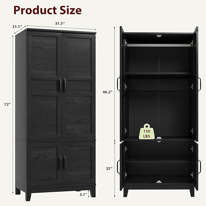 GarveeHome Armoire Wardrobe Closet with 4 Doors, 72 in Wooden Wardrobe Cabinet with Hanging Rod, Freestanding Tall Clothing Armoire Storage Cabinet with Adjustable Shelves for Bedroom, Black